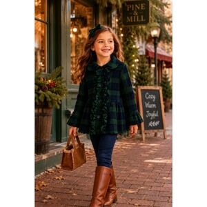 Mack &‎ Co Girls Green Navy Buffalo Plaid Ruffle Peplum Fleece Jacket Size 6